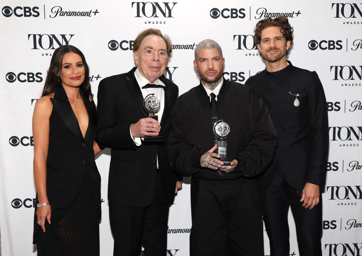 NEW YORK, NEW YORK - JUNE 08: Andrew Lloyd Webber and Jamie Lloyd pose with the Best Revival of a Musical award for "Sunset Blvd." with Lea Michele (L) and Aaron Tveit (R) during The 78th Annual Tony Awards at Radio City Music Hall on June 08, 2025 in New York City. (Photo by Kevin Mazur/Getty Images for Tony Awards Productions)
