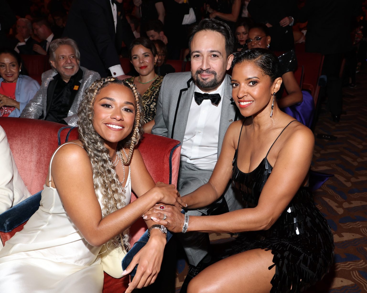 NEW YORK, NEW YORK - JUNE 08: Ariana DeBose, Lin-Manuel Miranda and Renée Elise Goldsberry attend The 78th Annual Tony Awards at Radio City Music Hall on June 08, 2025 in New York City. (Photo by Kevin Mazur/Getty Images for Tony Awards Productions)