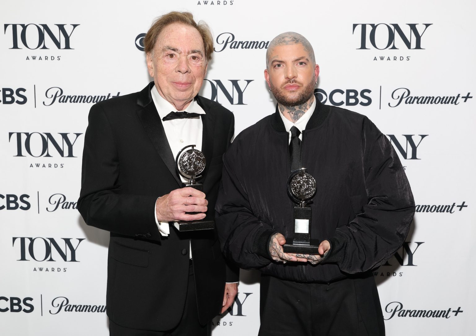 NEW YORK, NEW YORK - JUNE 08: (L-R) Andrew Lloyd Webber and Jamie Lloyd pose with the Best Revival of a Musical award for "Sunset Blvd." during The 78th Annual Tony Awards at Radio City Music Hall on June 08, 2025 in New York City. (Photo by Kevin Mazur/Getty Images for Tony Awards Productions)
