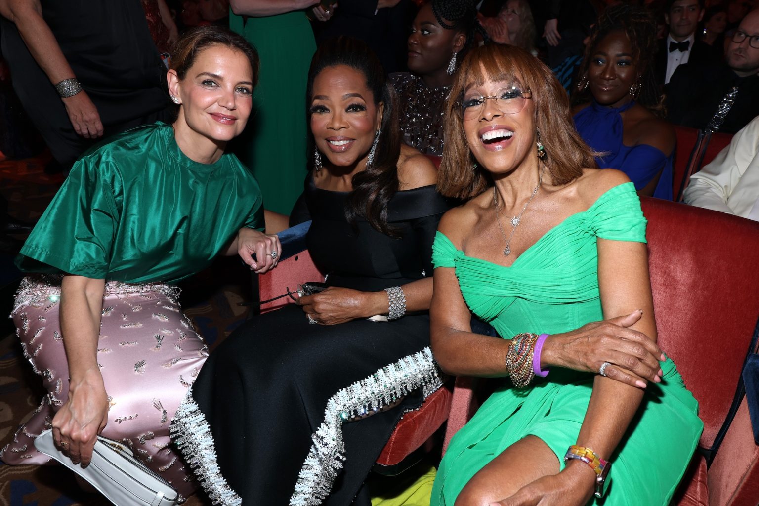 NEW YORK, NEW YORK - JUNE 08: (L-R) Katie Holmes, Oprah Winfrey and Gayle King attend The 78th Annual Tony Awards at Radio City Music Hall on June 08, 2025 in New York City. (Photo by Kevin Mazur/Getty Images for Tony Awards Productions)