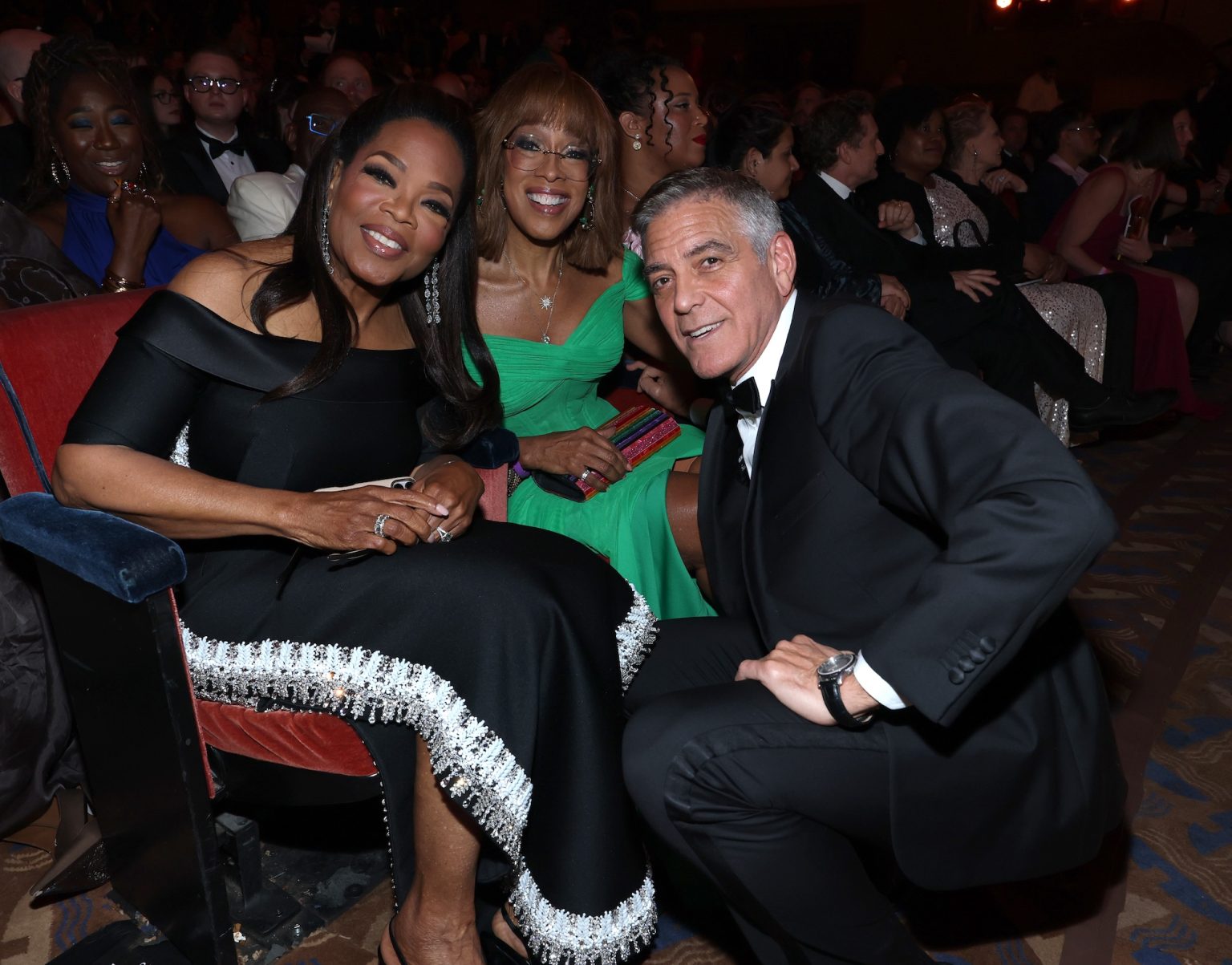 NEW YORK, NEW YORK - JUNE 08: (L-R) Oprah Winfrey, Gayle King, and George Clooney speak onstage during The 78th Annual Tony Awards at Radio City Music Hall on June 08, 2025 in New York City. (Photo by Kevin Mazur/Getty Images for Tony Awards Productions)