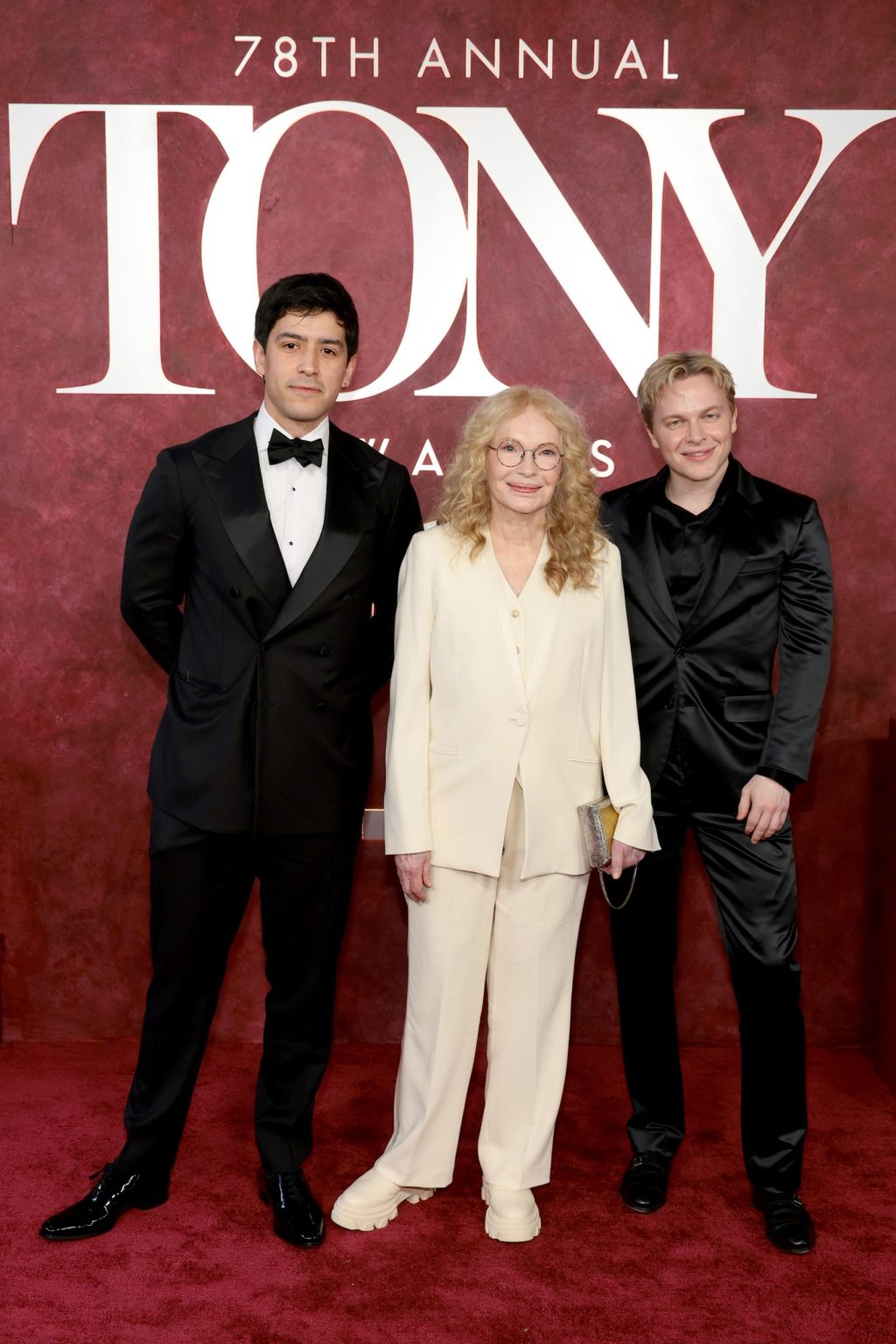 NEW YORK, NEW YORK - JUNE 08: Mia Farrow (C) and Ronan Farrow (R) attend The 78th Annual Tony Awards at Radio City Music Hall on June 08, 2025 in New York City. (Photo by Dimitrios Kambouris/Getty Images for Tony Awards Productions)