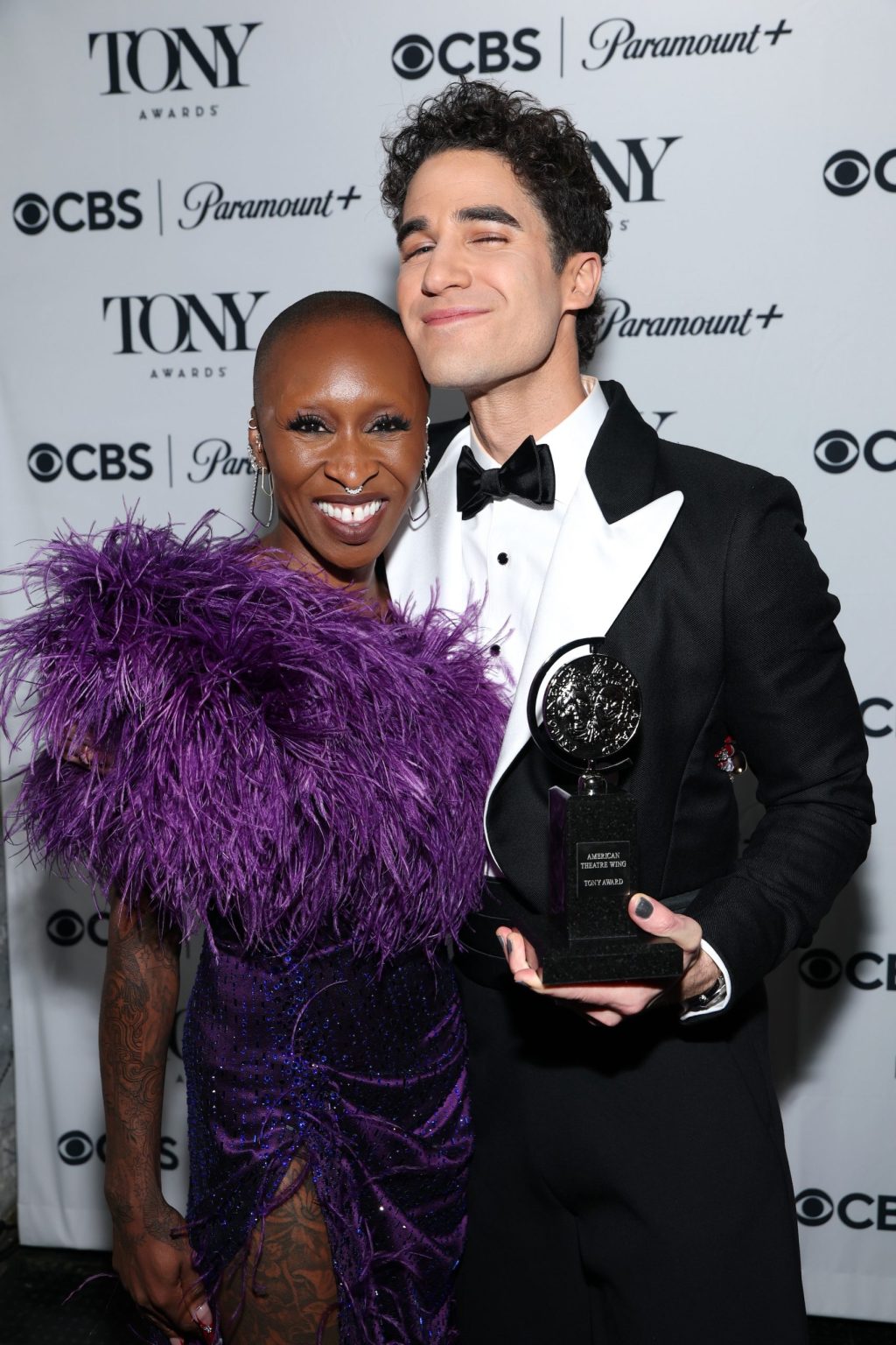 NEW YORK, NEW YORK - JUNE 08: Darren Criss, winner of Best Performance by an Actor in a Leading Role in a Musical award for "Maybe Happy Ending" award, poses with Cynthia Erivo during The 78th Annual Tony Awards at Radio City Music Hall on June 08, 2025 in New York City. (Photo by Kevin Mazur/Getty Images for Tony Awards Productions)