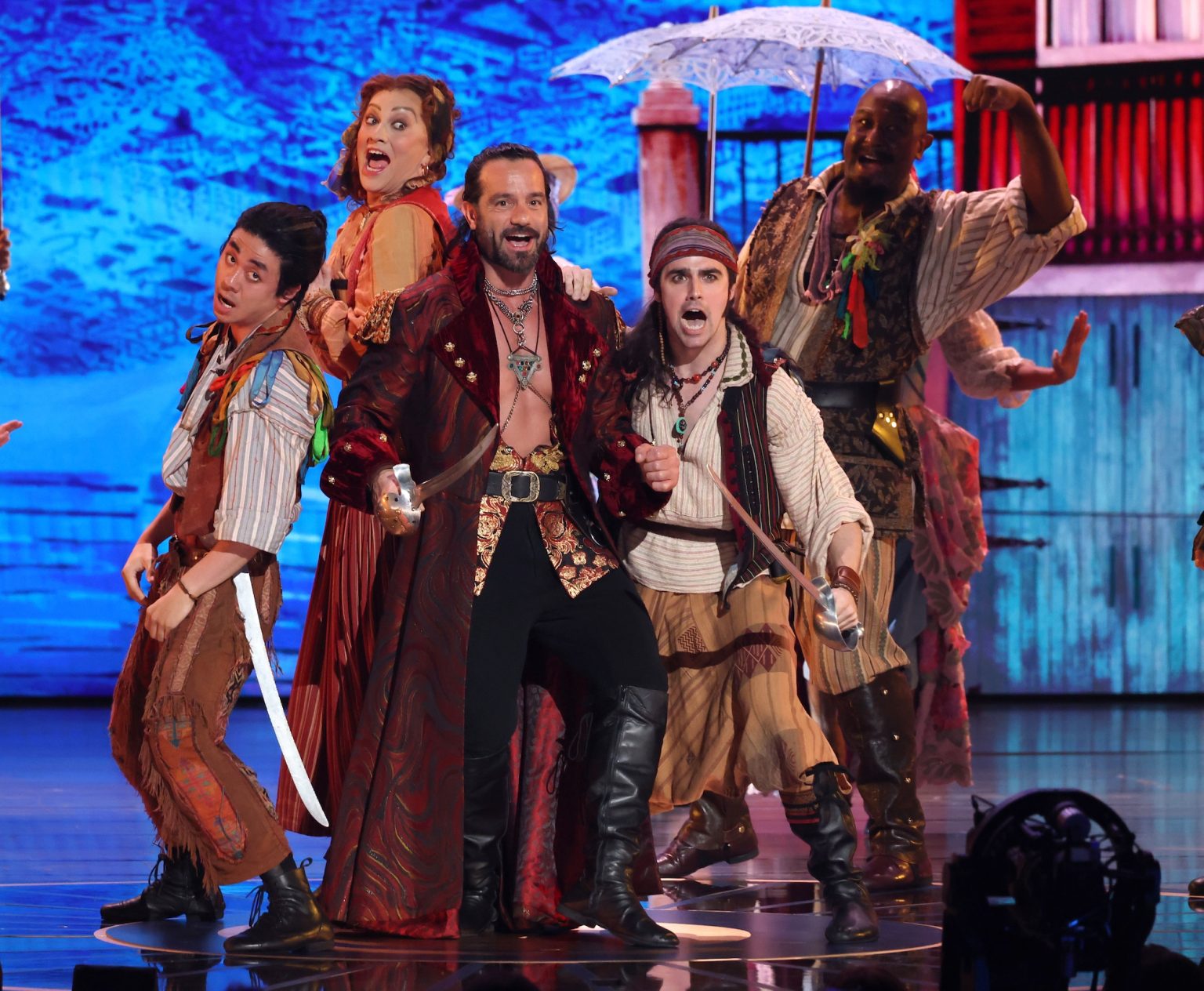 NEW YORK, NEW YORK - JUNE 08: Ramin Karimloo and the cast of "Pirates! The Penzance Musical" perform onstage during The 78th Annual Tony Awards at Radio City Music Hall on June 08, 2025 in New York City. (Photo by Kevin Mazur/Getty Images for Tony Awards Productions)