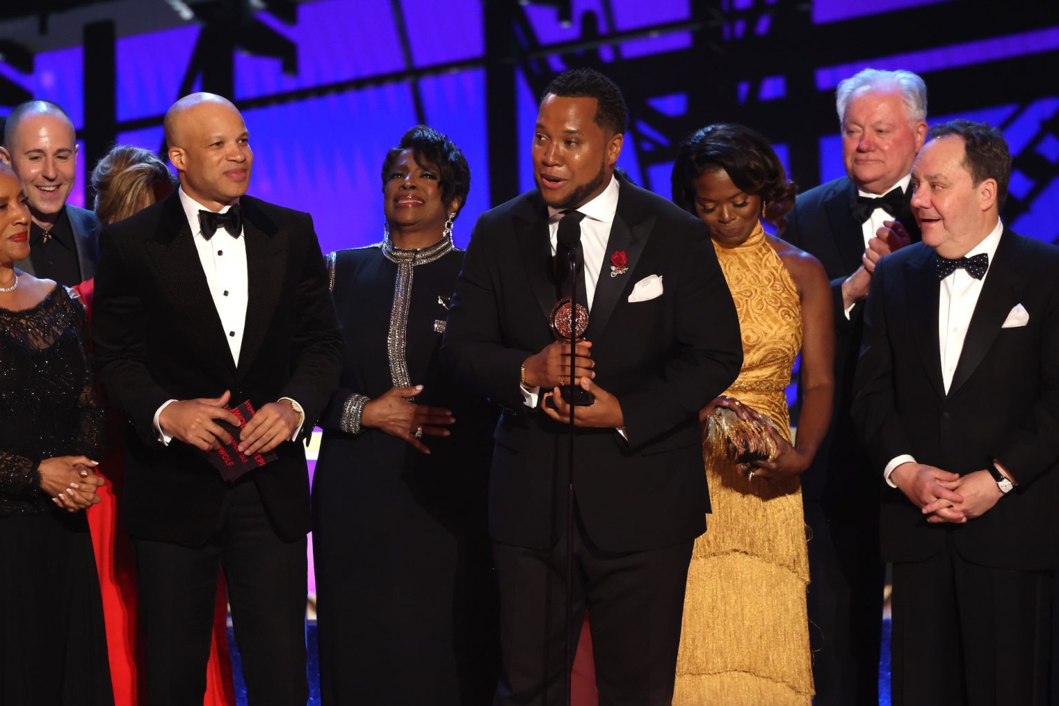 NEW YORK, NEW YORK - JUNE 08: (L-R) Glenn Davis, LaTanya Richardson Jackson, Branden Jacobs-Jenkins and LaChanze accept the Best Play award for "Purpose" onstage during The 78th Annual Tony Awards at Radio City Music Hall on June 08, 2025 in New York City. (Photo by Kevin Mazur/Getty Images for Tony Awards Productions)