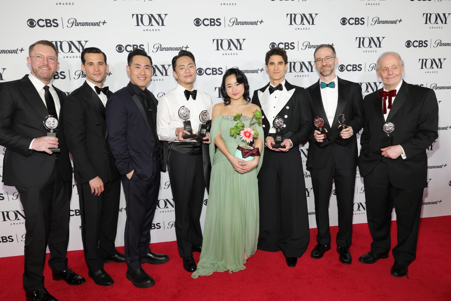 NEW YORK, NEW YORK - JUNE 08: (L-R) Hunter Arnold, Dez Duron, Marcus Choi, Hue Park, Helen J. Shen, Darren Criss, Will Aronson and Jeffrey Richards pose with the Best Musical award for "Maybe Happy Ending" in The 78th Annual Tony Awards Media Room presented by Carnegie Mellon University at 3 West Club on June 08, 2025 in New York City. (Photo by Mike Coppola/Getty Images for Tony Awards Productions)