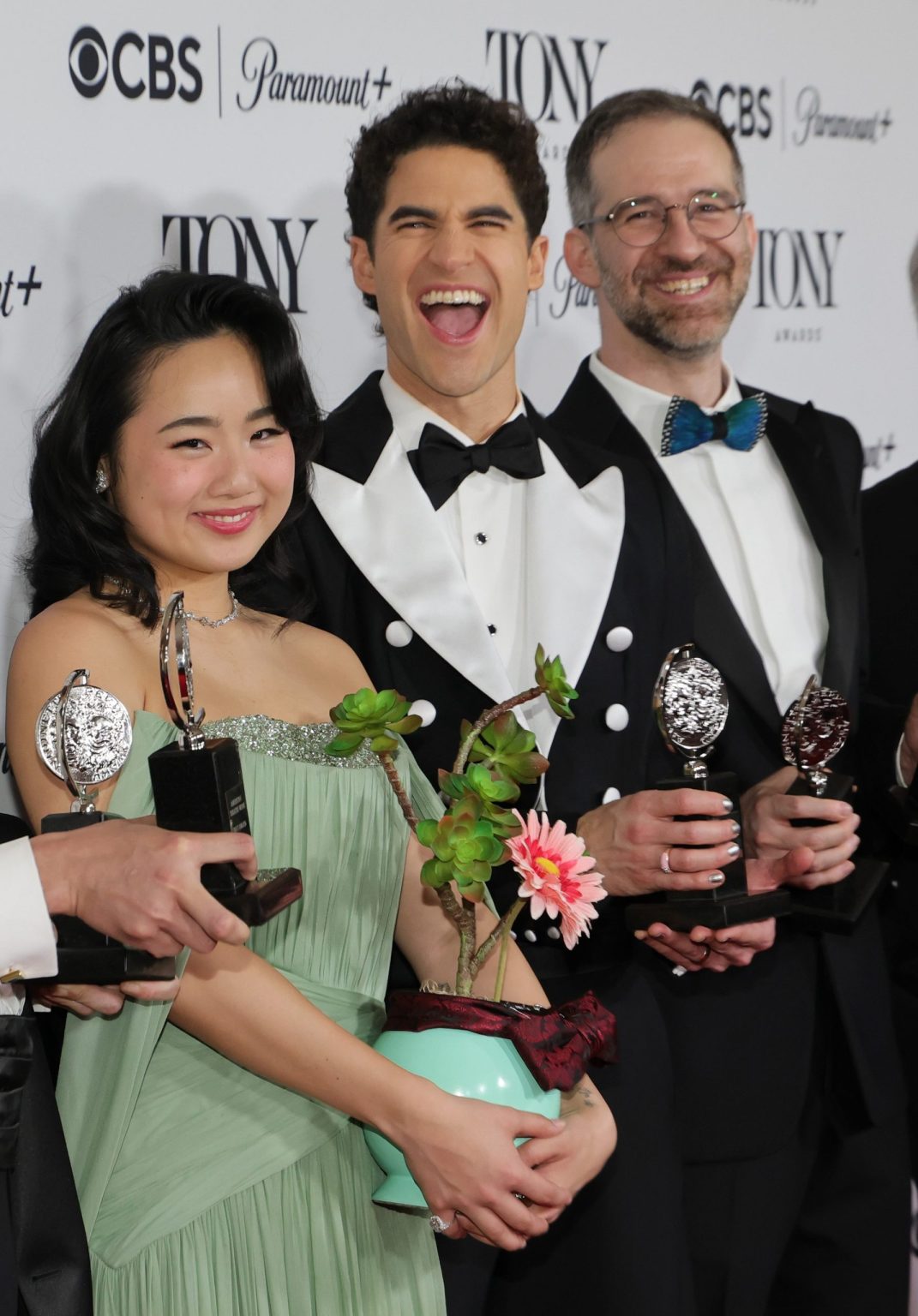 NEW YORK, NEW YORK - JUNE 08: (L-R) Helen J. Shen, Darren Criss and Will Aronsonpose with the Best Musical award for "Maybe Happy Ending" in The 78th Annual Tony Awards Media Room presented by Carnegie Mellon University at 3 West Club on June 08, 2025 in New York City. (Photo by Mike Coppola/Getty Images for Tony Awards Productions)