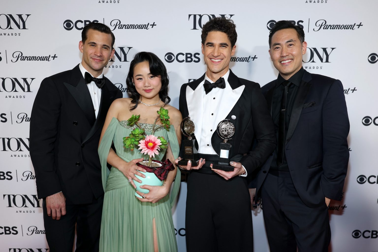 NEW YORK, NEW YORK - JUNE 08: (L-R) Dez Duron, Helen J. Shen, Darren Criss and Marcus Choipose with the Best Musical award for "Maybe Happy Ending" in The 78th Annual Tony Awards Media Room presented by Carnegie Mellon University at 3 West Club on June 08, 2025 in New York City. (Photo by Michael Loccisano/Getty Images)