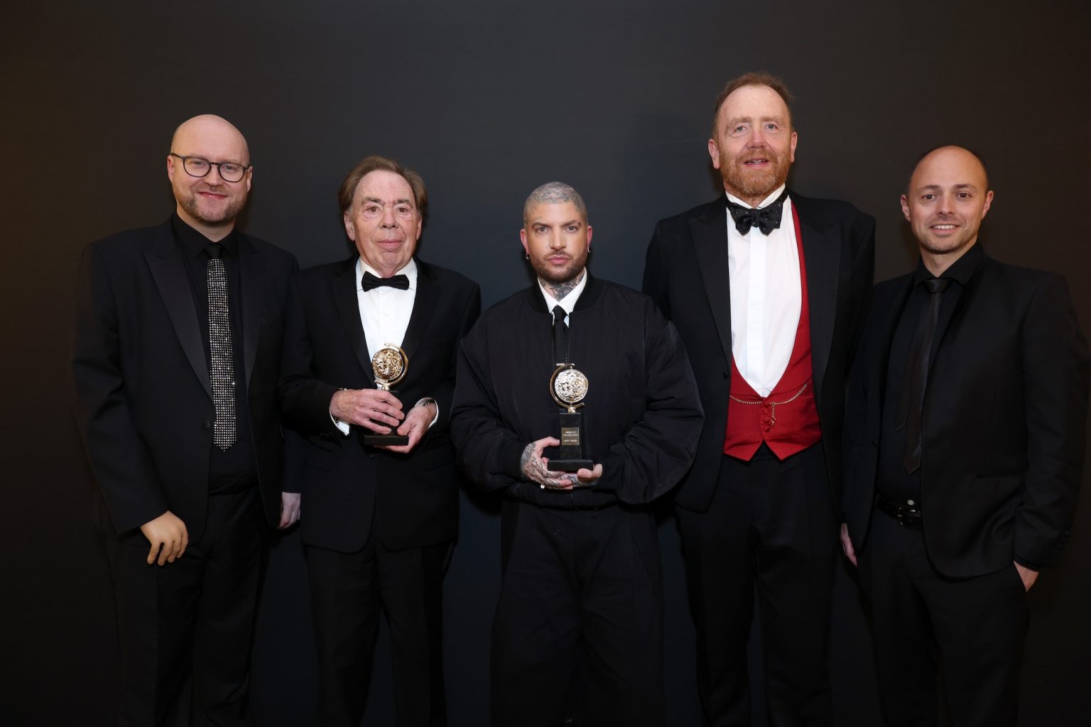 NEW YORK, NEW YORK - JUNE 08: (L-R) Michael Harrison, Andrew Lloyd Webber, Jamie Lloyd, Adam Speers and Gavin Kalin pose the Best Revival of a Musical award for "Sunset Blvd." in The 78th Annual Tony Awards Media Room presented by Carnegie Mellon University at 3 West Club on June 08, 2025 in New York City. (Photo by Cindy Ord/Getty Images for Tony Awards Productions)