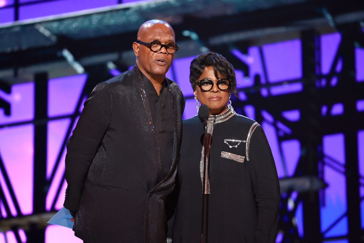 NEW YORK, NEW YORK - JUNE 08: (L-R) Samuel L. Jackson and LaTanya Richardson Jackson speak onstage during The 78th Annual Tony Awards at Radio City Music Hall on June 08, 2025 in New York City. (Photo by Theo Wargo/Getty Images for Tony Awards Productions)