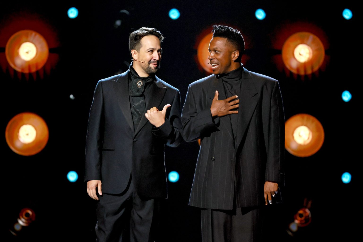 NEW YORK, NEW YORK - JUNE 08: (L-R) Lin-Manuel Miranda, Leslie Odom Jr. and the cast of "Hamilton" perform onstage during The 78th Annual Tony Awards at Radio City Music Hall on June 08, 2025 in New York City. (Photo by Theo Wargo/Getty Images for Tony Awards Productions)