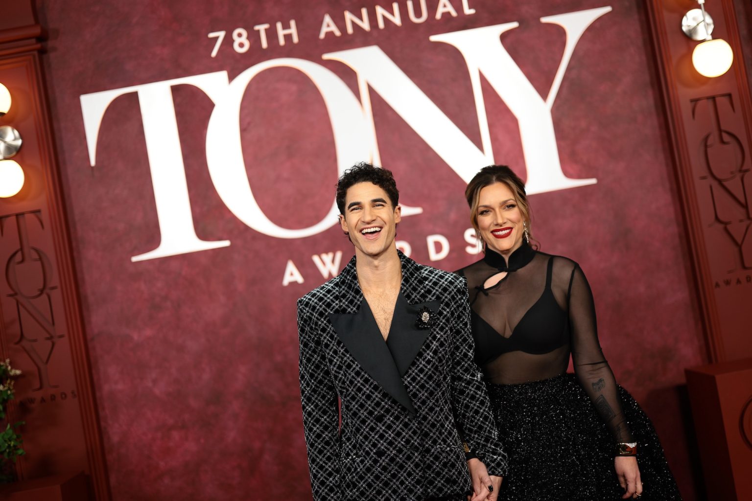 NEW YORK, NEW YORK - JUNE 08: (L-R) Darren Criss and Mia Swier attend The 78th Annual Tony Awards at Radio City Music Hall on June 08, 2025 in New York City. (Photo by Dimitrios Kambouris/Getty Images for Tony Awards Productions)