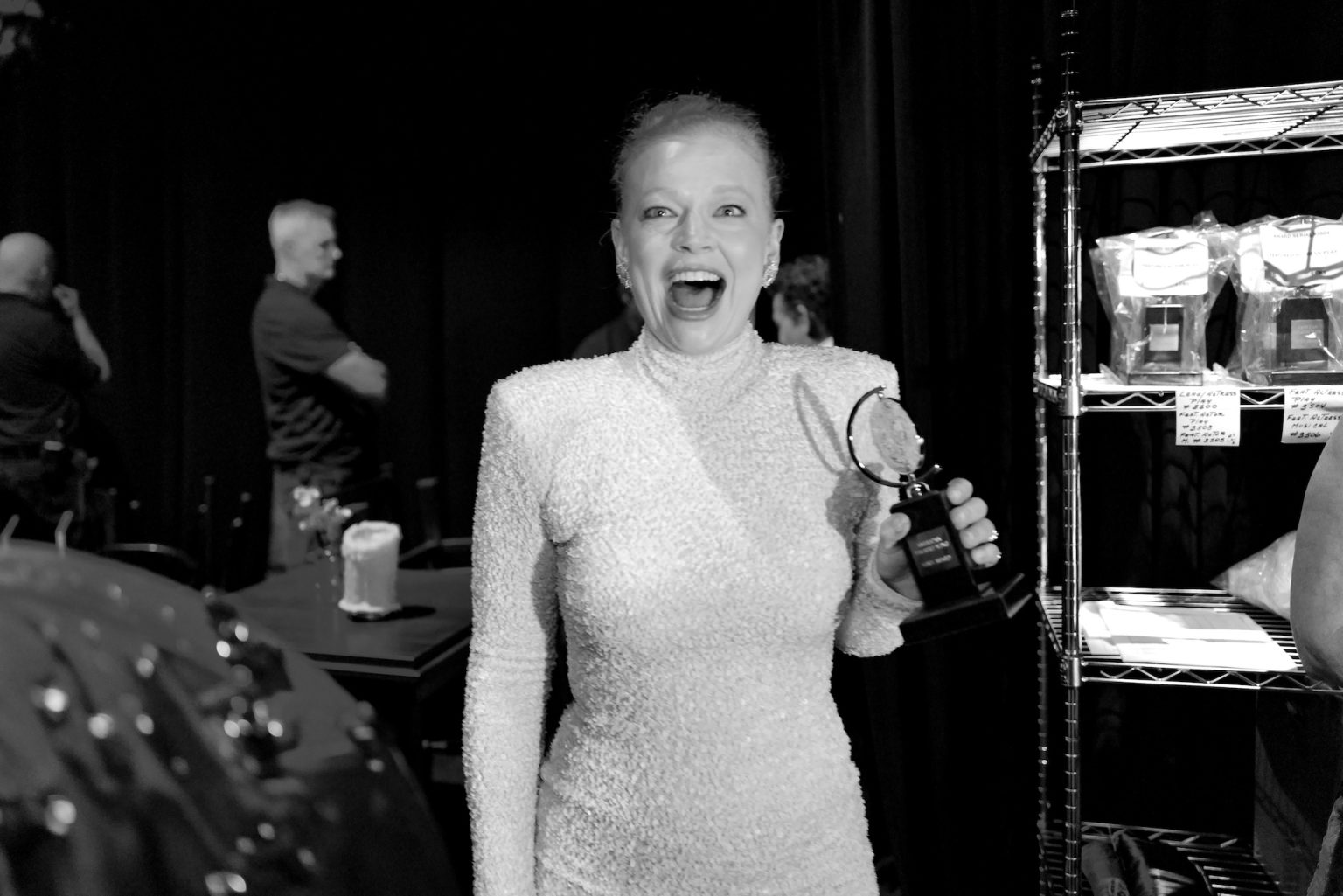 NEW YORK, NEW YORK - JUNE 08: (EDITORS NOTE: Image has been shot in black and white. Color version not available.) Sarah Snook poses with the Best Performance by an Actress in a Leading Role in a Play award during The 78th Annual Tony Awards at Radio City Music Hall on June 08, 2025 in New York City. (Photo by Jenny Anderson/Getty Images for Tony Awards Productions)