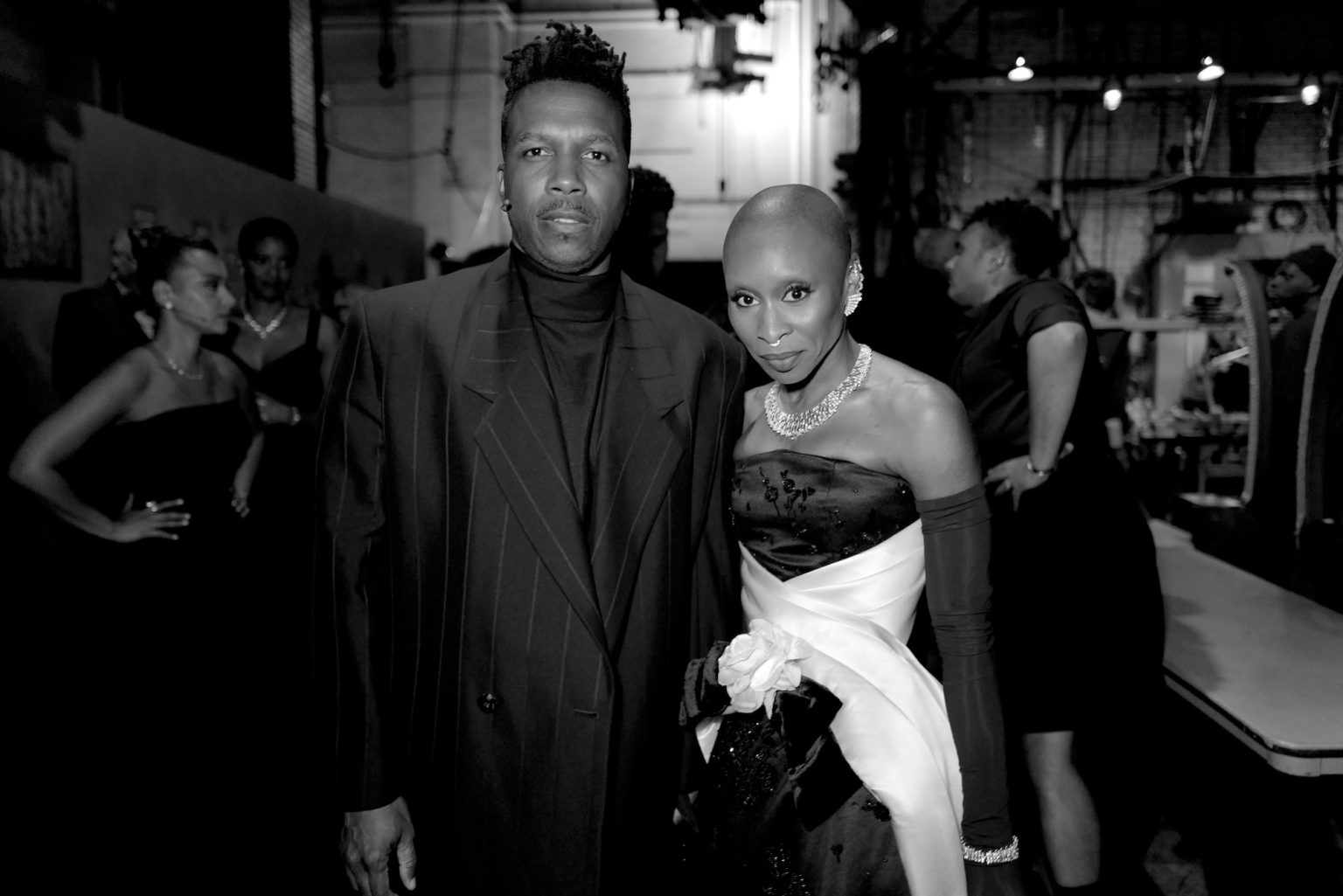 NEW YORK, NEW YORK - JUNE 08: (EDITOR’S NOTE: Image has been shot in black and white. Color version not available.) (L-R) Leslie Odom Jr. and host Cynthia Erivo attend The 78th Annual Tony Awards at Radio City Music Hall on June 08, 2025 in New York City. (Photo by Jenny Anderson/Getty Images for Tony Awards Productions)