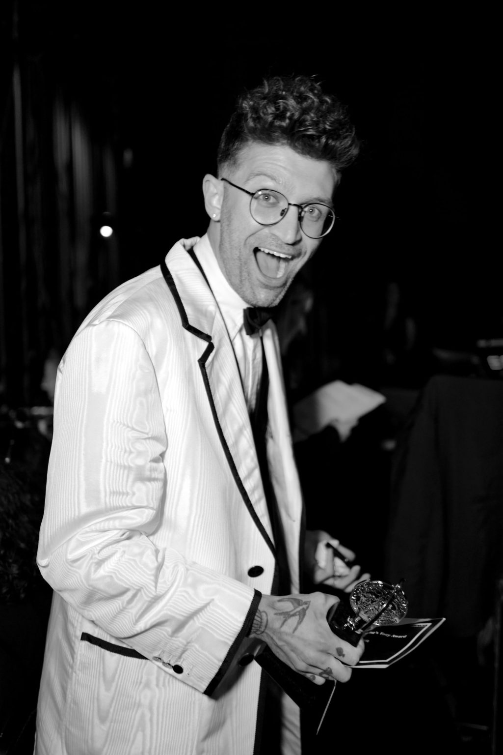 NEW YORK, NEW YORK - JUNE 08: (EDITOR’S NOTE: Image has been shot in black and white. Color version not available.) Sam Pinkleton poses with the Best Direction of a Play award for "Oh, Mary!" during The 78th Annual Tony Awards at Radio City Music Hall on June 08, 2025 in New York City. (Photo by Jenny Anderson/Getty Images for Tony Awards Productions)