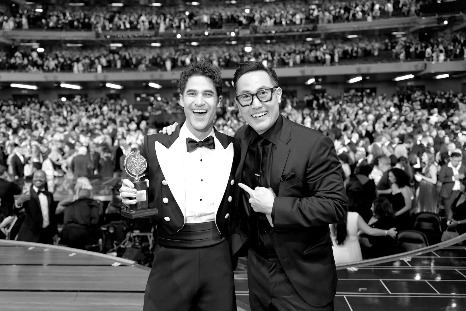 NEW YORK, NEW YORK - JUNE 08: (EDITOR’S NOTE: Image has been shot in black and white. Color version not available.) (L-R) Darren Criss and Marcus Choi attend The 78th Annual Tony Awards at Radio City Music Hall on June 08, 2025 in New York City. (Photo by Jenny Anderson/Getty Images for Tony Awards Productions)