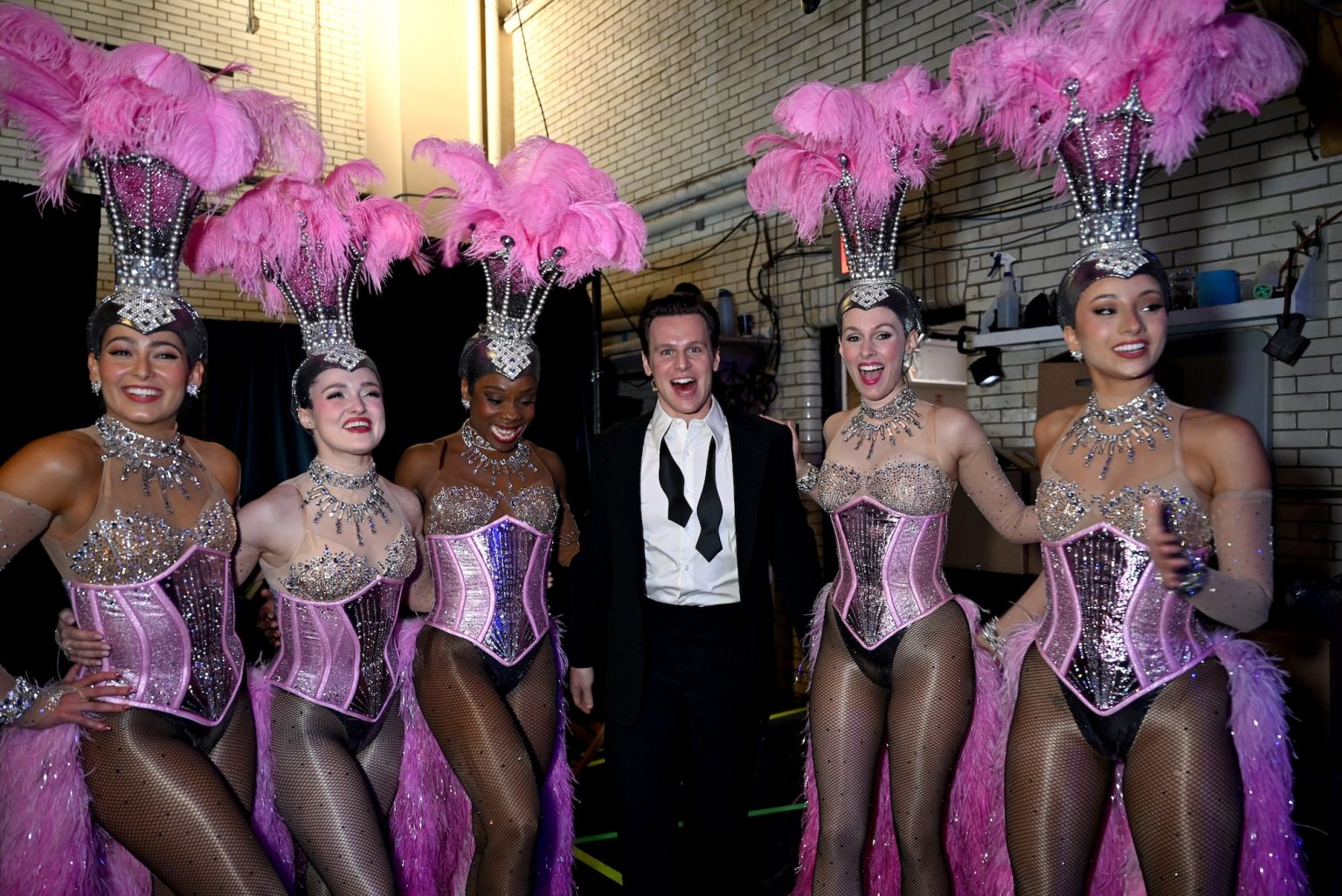 NEW YORK, NEW YORK - JUNE 08: Jonathan Groff (C) and "Just in Time" company members pose backstage during The 78th Annual Tony Awards at Radio City Music Hall on June 08, 2025 in New York City. (Photo by Jenny Anderson/Getty Images for Tony Awards Productions)