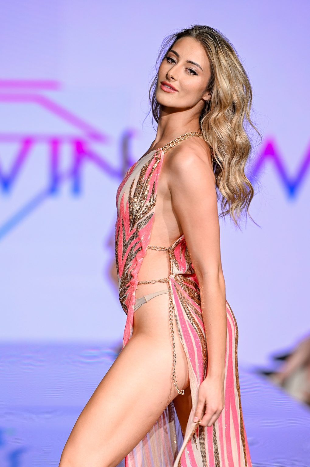 MIAMI BEACH, FLORIDA - MAY 30: A model walks the runway at the Slay Swimwear Show during Miami Swim Week Powered By Art Hearts Fashion at Eden Roc Hotel on May 30, 2025 in Miami Beach, Florida. (Photo by Arun Nevader/Getty Images for Art Hearts Fashion)
