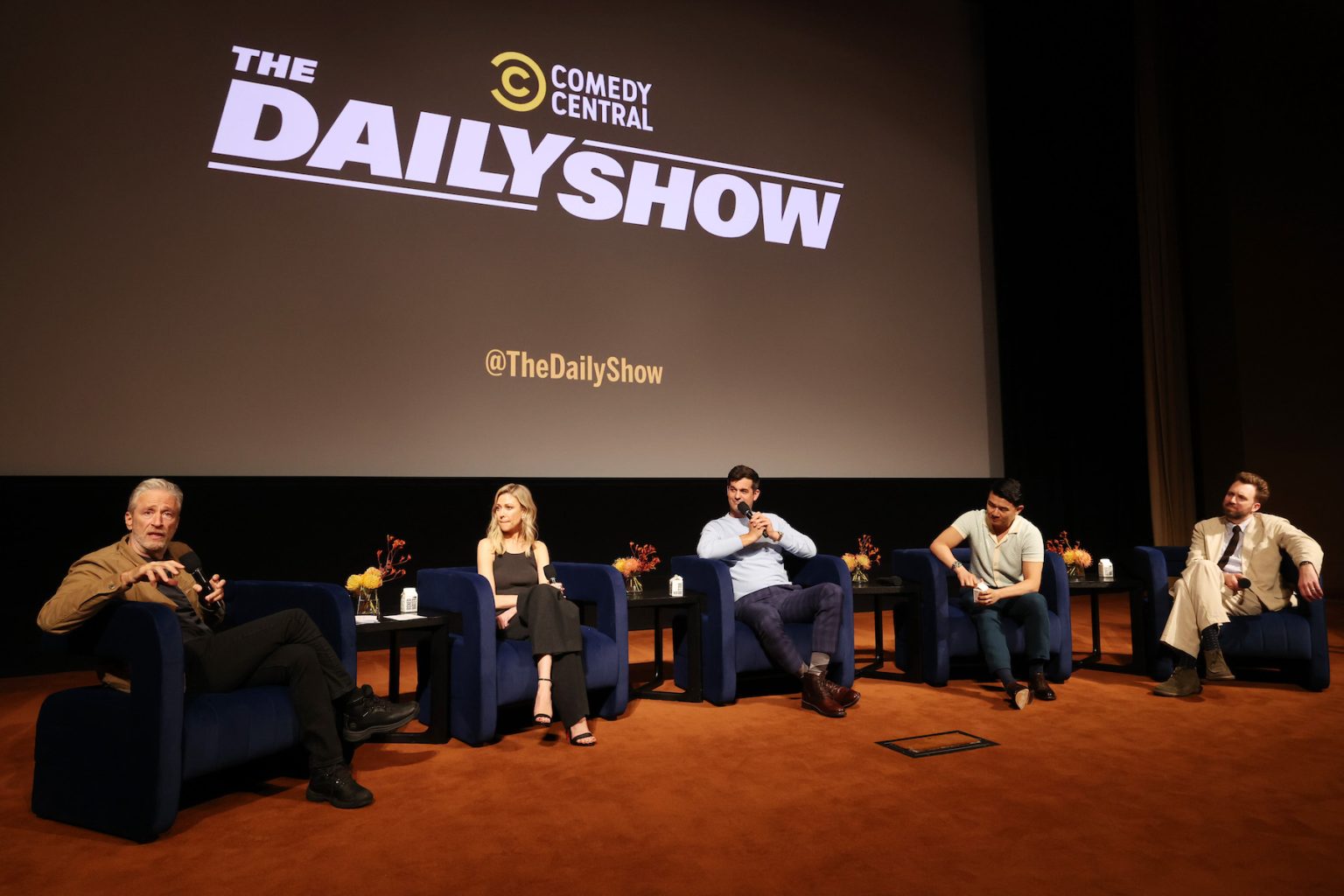 LOS ANGELES, CALIFORNIA - JUNE 07: (L-R) Jon Stewart, Desi Lydic, Michael Kosta, Ronny Chieng, and Jordan Klepper attend Comedy Central's "The Daily Show" FYC Event at Linwood Dunn Theater on June 07, 2025 in Los Angeles, California. (Photo by Phillip Faraone/Getty Images for Comedy Central)