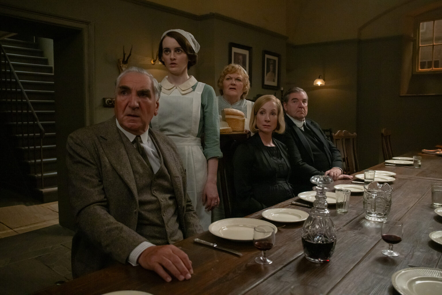 (L to R) Jim Carter stars as Mr. Carson, Sophie McShera as Daisy Parker, Lesley Nicol as Mrs. Patmore, Joanne Froggatt as Anna Bates and Brendan Coyle as Mr. Bates in DOWNTON ABBEY: The Grand Finale, a Focus Features release. Credit: Rory Mulvey / © 2025 FOCUS FEATURES LLC