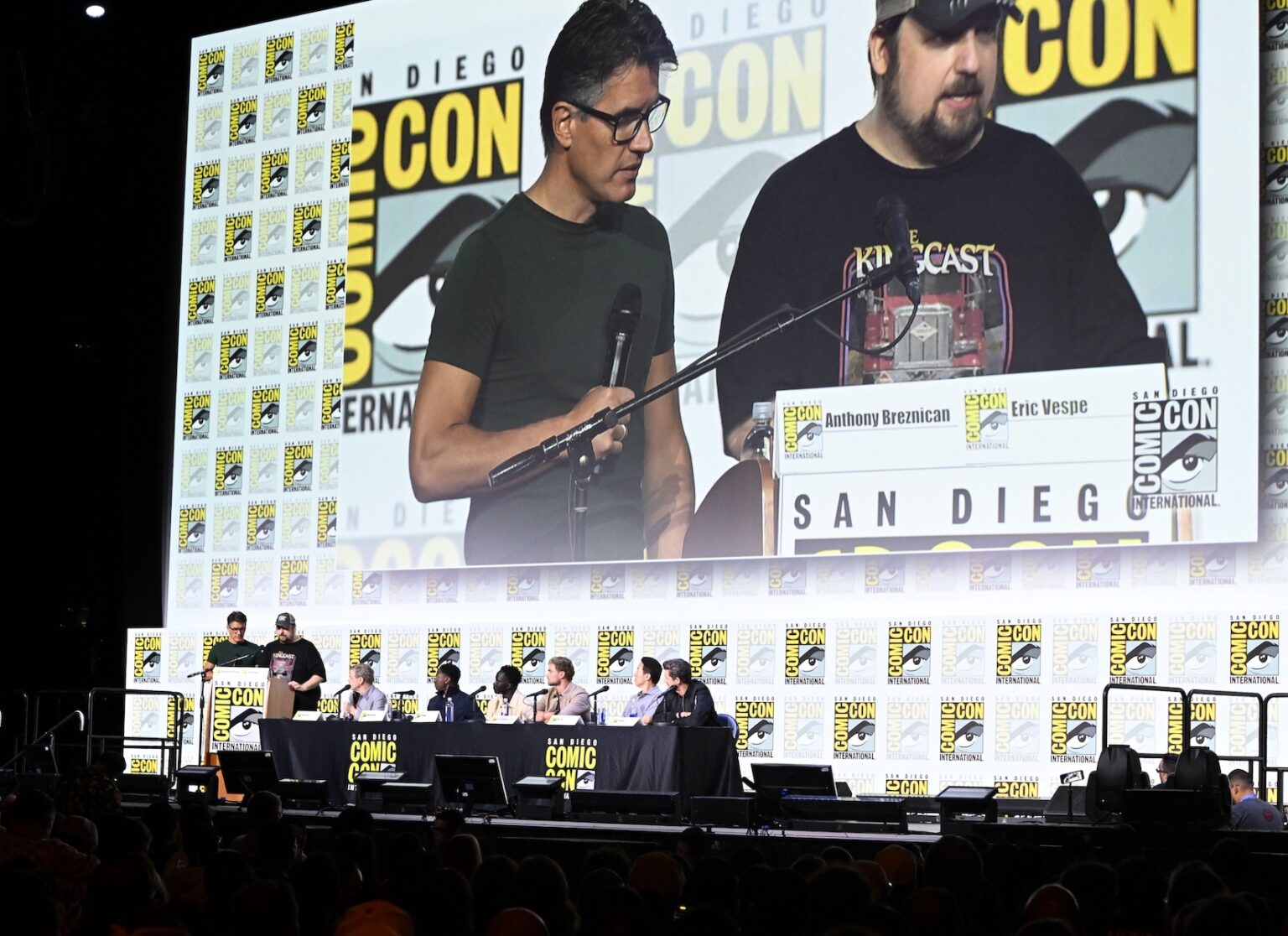 SAN DIEGO, CALIFORNIA - JULY 25: Anthony Breznican, Eric Vespe, Mark Hamill, David Jonsson, Tut Nyuot, Garrett Wareing, Roy Lee and J.T. Mollner speak during “The Long Walk” panel at San Diego Comic-Con International 2025 at San Diego Convention Center on July 25, 2025 in San Diego, California. (Photo by Vivien Killilea/Getty Images for Lionsgate)