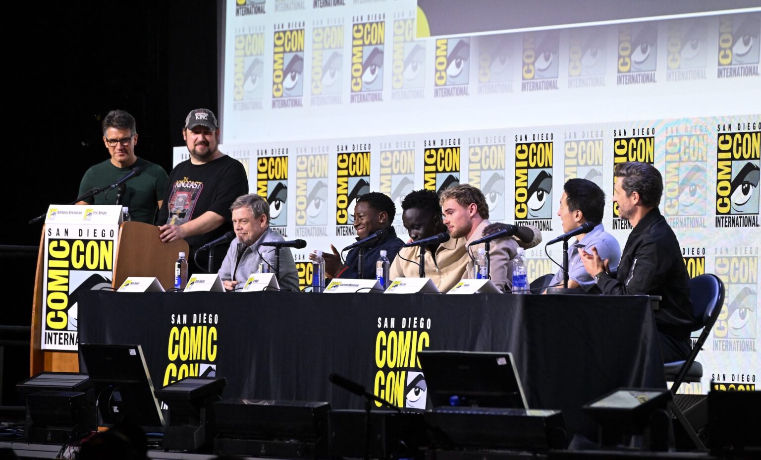 SAN DIEGO, CALIFORNIA - JULY 25: Anthony Breznican, Eric Vespe, Mark Hamill, David Jonsson, Tut Nyuot, Garrett Wareing, Roy Lee and J.T. Mollner speak during “The Long Walk” panel at San Diego Comic-Con International 2025 at San Diego Convention Center on July 25, 2025 in San Diego, California. (Photo by Vivien Killilea/Getty Images for Lionsgate)