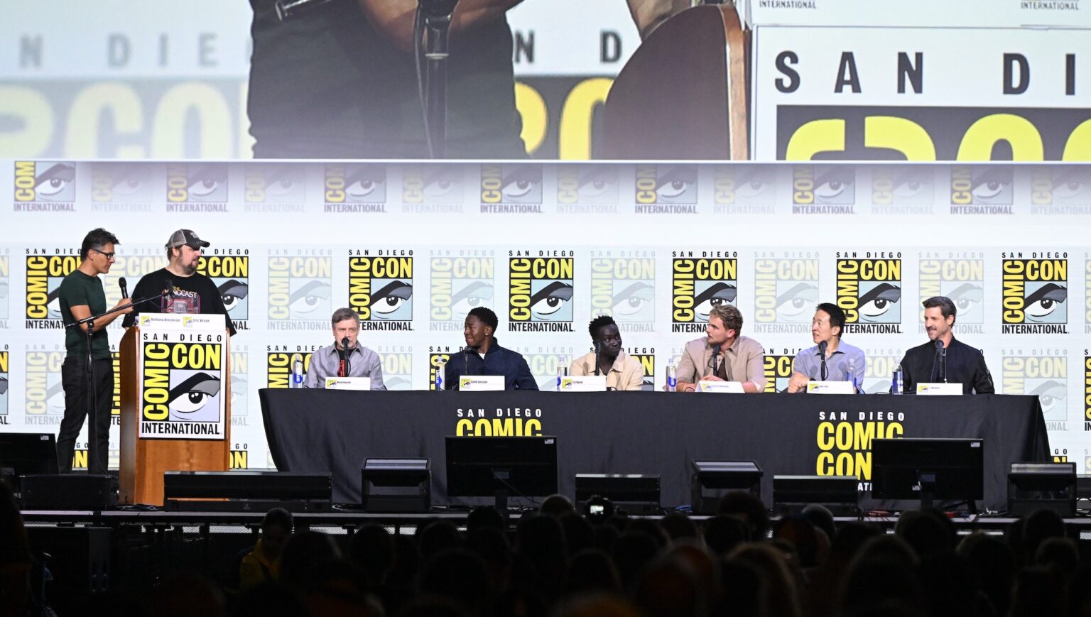 SAN DIEGO, CALIFORNIA - JULY 25: Anthony Breznican, Eric Vespe, Mark Hamill, David Jonsson, Tut Nyuot, Garrett Wareing, Roy Lee and J.T. Mollner speak during “The Long Walk” panel at San Diego Comic-Con International 2025 at San Diego Convention Center on July 25, 2025 in San Diego, California. (Photo by Vivien Killilea/Getty Images for Lionsgate)