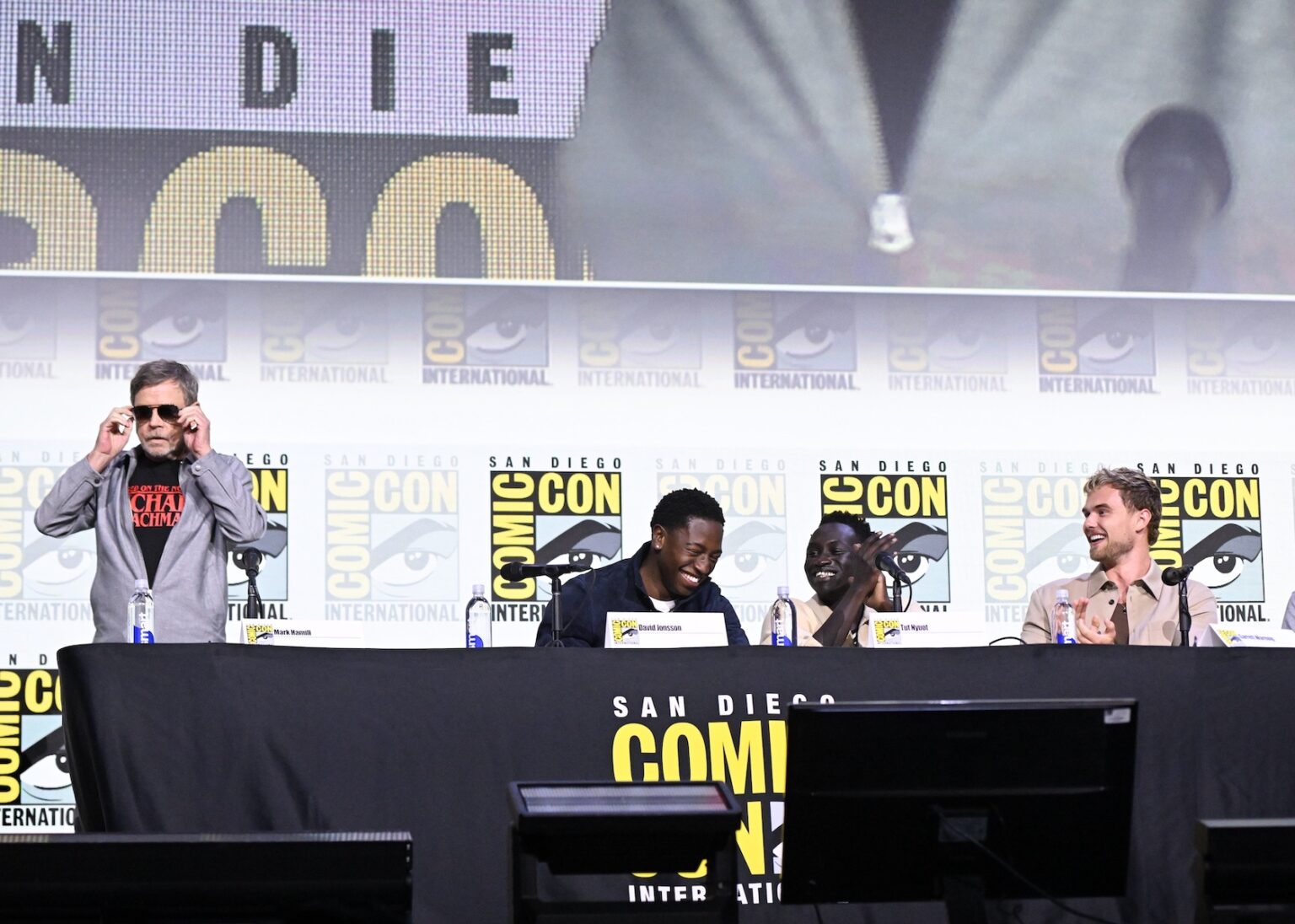 SAN DIEGO, CALIFORNIA - JULY 25: Mark Hamill, David Jonsson, Tut Nyuot, and Garrett Wareing speak during “The Long Walk” panel at San Diego Comic-Con International 2025 at San Diego Convention Center on July 25, 2025 in San Diego, California. (Photo by Vivien Killilea/Getty Images for Lionsgate)