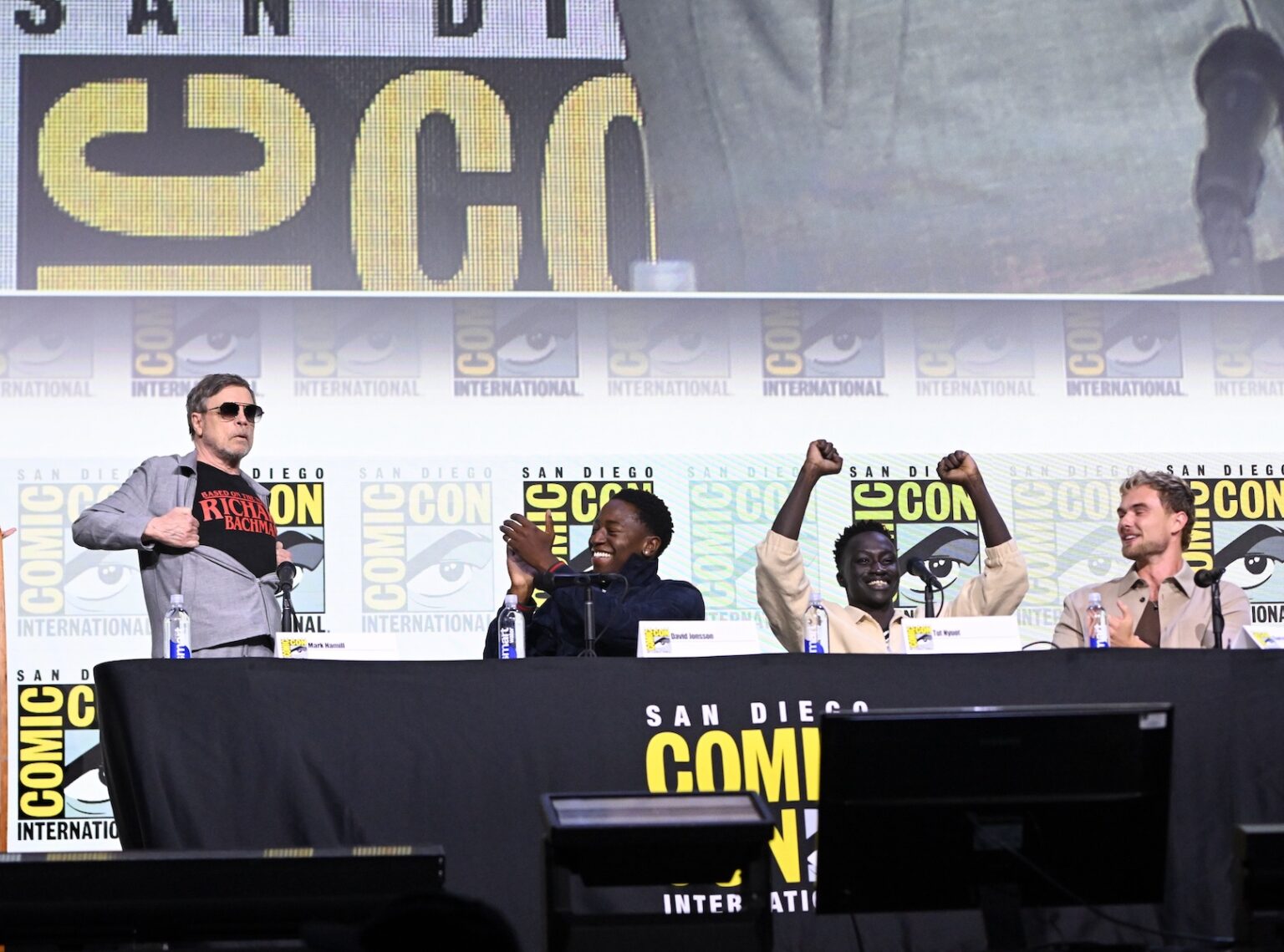 SAN DIEGO, CALIFORNIA - JULY 25: Mark Hamill, David Jonsson, Tut Nyuot, and Garrett Wareing speak during “The Long Walk” panel at San Diego Comic-Con International 2025 at San Diego Convention Center on July 25, 2025 in San Diego, California. (Photo by Vivien Killilea/Getty Images for Lionsgate)