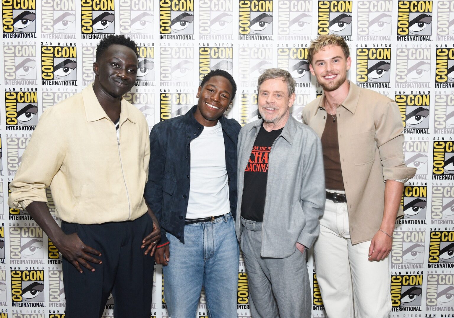 Tut Nyuot, David Jonsson, Mark Hamill and Garrett Wareing attend “The Long Walk” panel at San Diego Comic-Con International 2025 at the San Diego Convention Center
