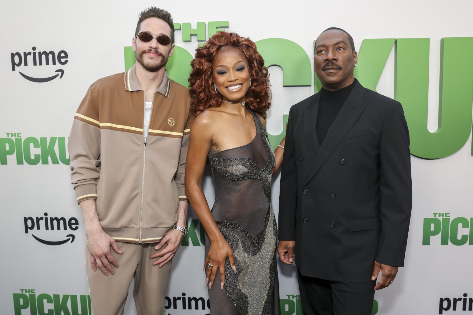 Pete Davidson, Keke Palmer, and Eddie Murphy arrive at Amazon MGM Studios’ The Pickup Los Angeles Premiere on July 27, 2025 at Regal LA Live in Los Angeles.