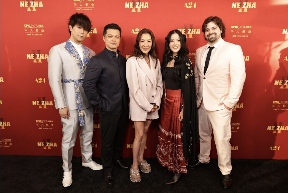 (L:R - Aleks Le, Vincent Rodriguez III, Michelle Yeoh, Crystal Lee and Damien Haas attend the Special Screening of Ne Zha II on Monday, August 4th in Los Angeles) (Photo Credit: Eric Charbonneau)