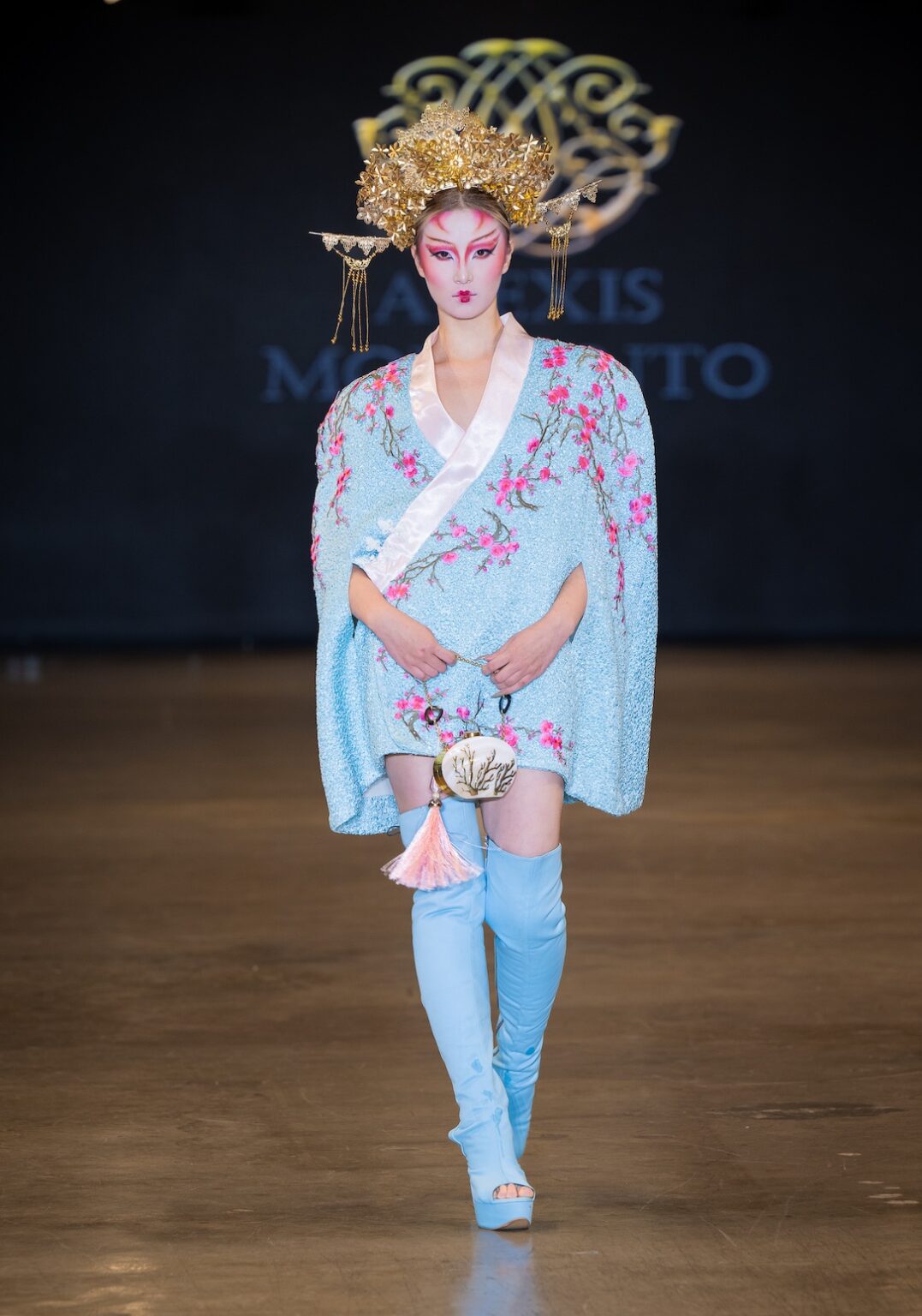 LOS ANGELES, CALIFORNIA - OCTOBER 16: A model walks the runway at the Alexis Monsanto show during Los Angeles Fashion Week Powered By Art Hearts Fashion at The New Mart on October 16, 2025 in Los Angeles, California. (Photo by Mark Gunter/Getty Images for Art Hearts Fashion)
