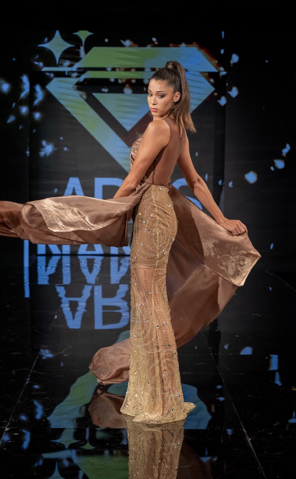 NEW YORK, NEW YORK - SEPTEMBER 12: A model walks the runway at the Aras Nancy show during New York Fashion Week Powered By Art Hearts Fashion at The Angel Orensanz Foundation on September 12, 2025 in New York City. (Photo by Mark Gunter/Getty Images for Art Hearts Fashion)