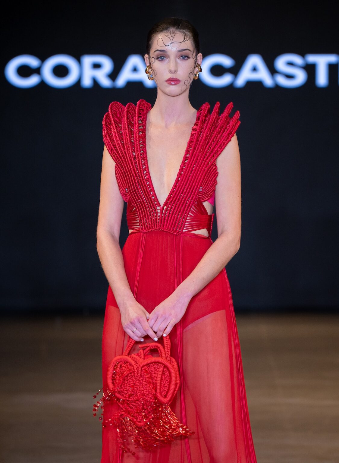 LOS ANGELES, CALIFORNIA - OCTOBER 16: A model walks the runway at the Coral Castillo show during Los Angeles Fashion Week Powered By Art Hearts Fashion at The New Mart on October 16, 2025 in Los Angeles, California. (Photo by Mark Gunter/Getty Images for Art Hearts Fashion)