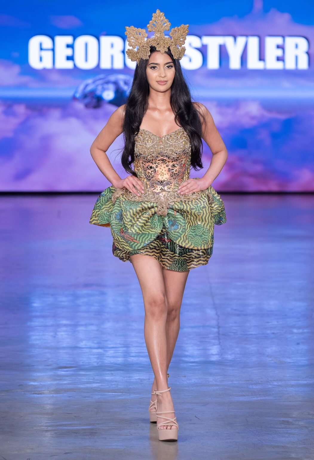 LOS ANGELES, CALIFORNIA - OCTOBER 17: A model walks the runway at the George Styler show during Los Angeles Fashion Week Powered By Art Hearts Fashion at The New Mart on October 17, 2025 in Los Angeles, California. (Photo by Mark Gunter/Getty Images for Art Hearts Fashion)