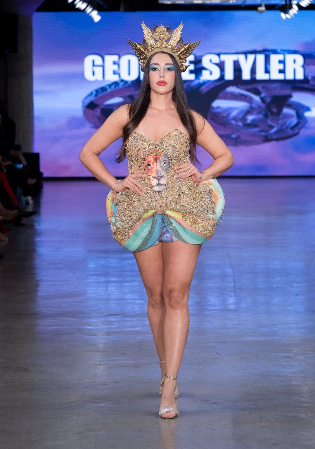 LOS ANGELES, CALIFORNIA - OCTOBER 17: A model walks the runway at the George Styler show during Los Angeles Fashion Week Powered By Art Hearts Fashion at The New Mart on October 17, 2025 in Los Angeles, California. (Photo by Mark Gunter/Getty Images for Art Hearts Fashion)