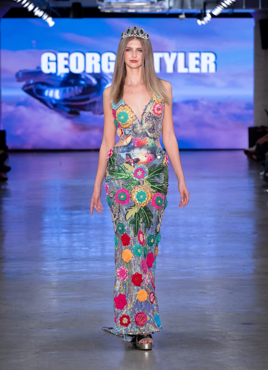 LOS ANGELES, CALIFORNIA - OCTOBER 17: A model walks the runway at the George Styler show during Los Angeles Fashion Week Powered By Art Hearts Fashion at The New Mart on October 17, 2025 in Los Angeles, California. (Photo by Mark Gunter/Getty Images for Art Hearts Fashion)