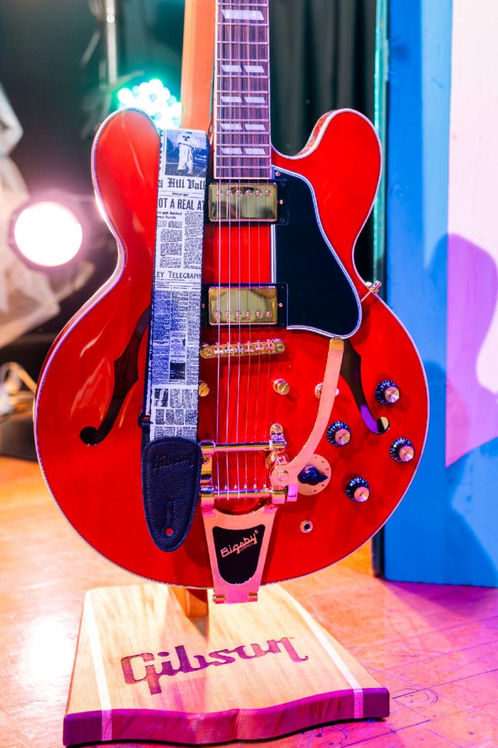 Back to the Future Collection (L-R) guitar strap and AXE Heaven mini Gibson ES-345 guitar.