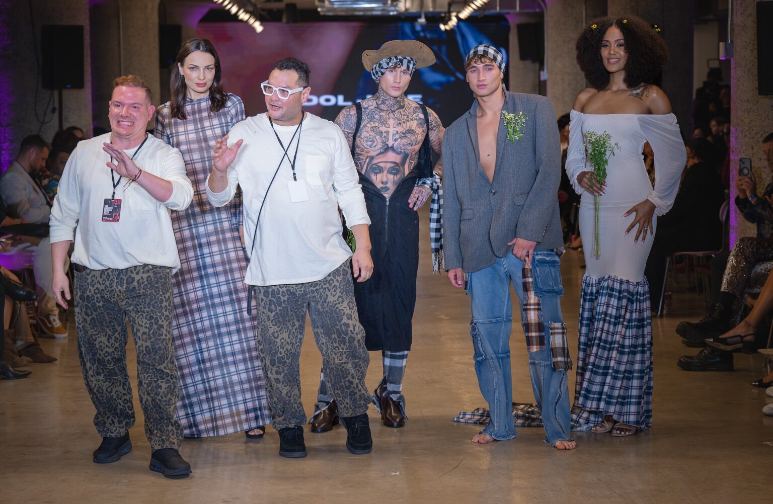 LOS ANGELES, CALIFORNIA - OCTOBER 16: Designers Idol Jose and models walk the runway at the Idol Jose show during Los Angeles Fashion Week Powered By Art Hearts Fashion at The New Mart on October 16, 2025 in Los Angeles, California. (Photo by Mark Gunter/Getty Images for Art Hearts Fashion)