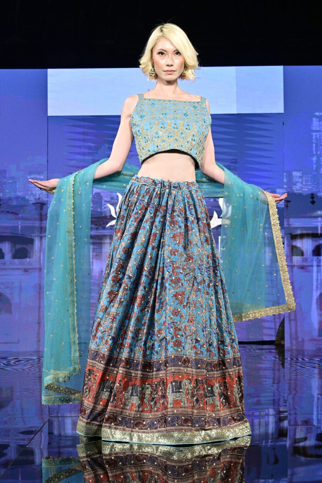 NEW YORK, NEW YORK - SEPTEMBER 11: A model walks the runway for International Heritage Fashion Week, featuring Heritage India Fashions by Prashant Goyal at The Angel Orensanz Foundation on September 11, 2025 in New York City. (Photo by Eugene Gologursky/Getty Images for Art Hearts Fashion)
