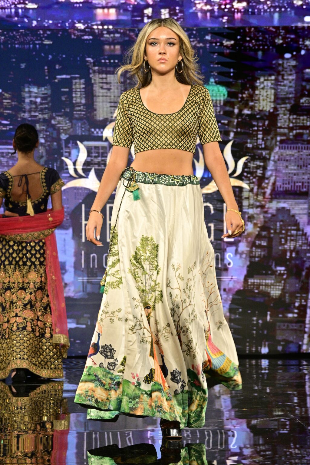 NEW YORK, NEW YORK - SEPTEMBER 11: A model walks the runway for International Heritage Fashion Week, featuring Heritage India Fashions by Prashant Goyal at The Angel Orensanz Foundation on September 11, 2025 in New York City. (Photo by Eugene Gologursky/Getty Images for Art Hearts Fashion)