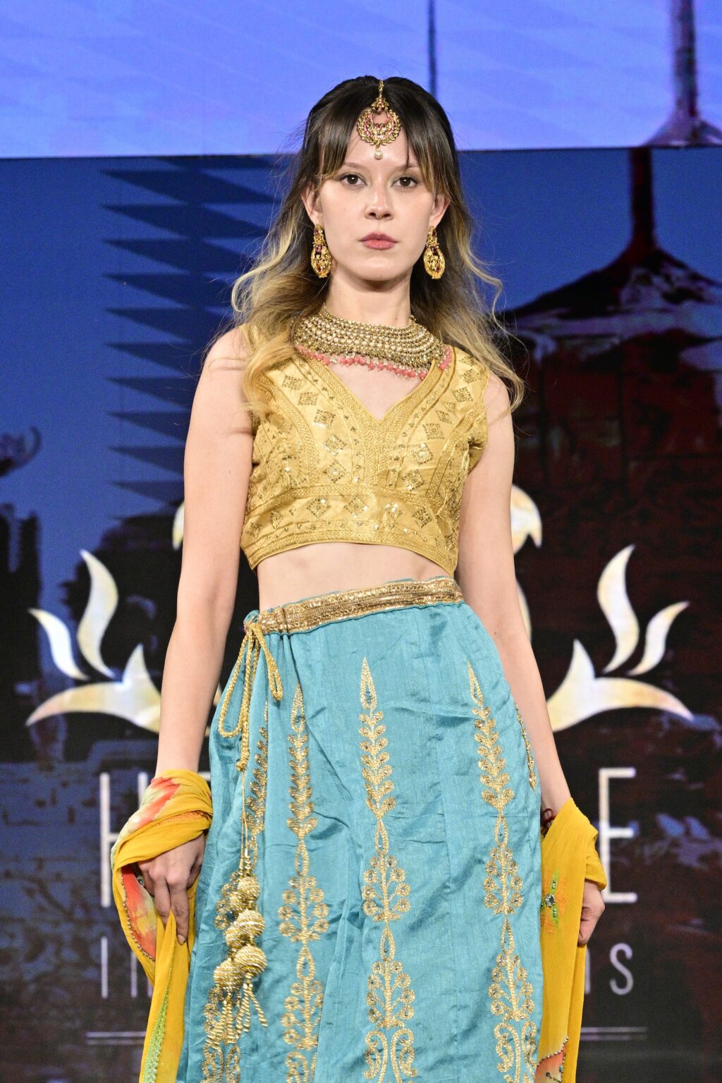 NEW YORK, NEW YORK - SEPTEMBER 11: A model walks the runway for International Heritage Fashion Week, featuring Heritage India Fashions by Prashant Goyal at The Angel Orensanz Foundation on September 11, 2025 in New York City. (Photo by Eugene Gologursky/Getty Images for Art Hearts Fashion)