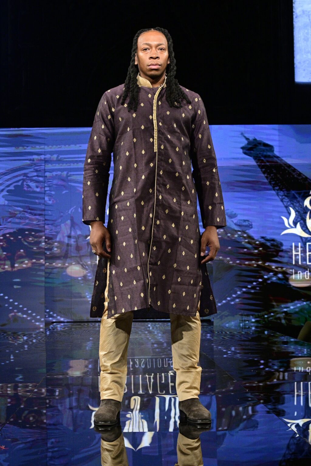 NEW YORK, NEW YORK - SEPTEMBER 11: A model walks the runway for International Heritage Fashion Week, featuring Heritage India Fashions by Prashant Goyal at The Angel Orensanz Foundation on September 11, 2025 in New York City. (Photo by Eugene Gologursky/Getty Images for Art Hearts Fashion)