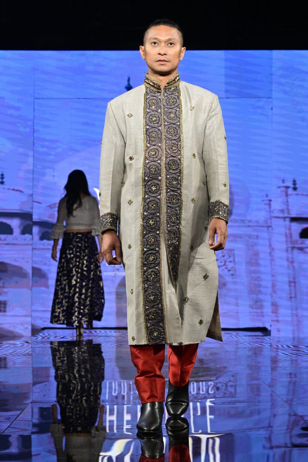 NEW YORK, NEW YORK - SEPTEMBER 11: A model walks the runway for International Heritage Fashion Week, featuring Heritage India Fashions by Prashant Goyal at The Angel Orensanz Foundation on September 11, 2025 in New York City. (Photo by Eugene Gologursky/Getty Images for Art Hearts Fashion)