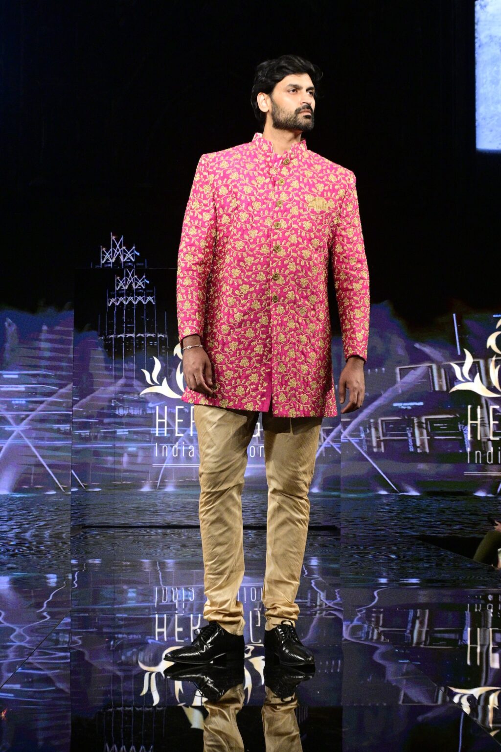 NEW YORK, NEW YORK - SEPTEMBER 11: A model walks the runway for International Heritage Fashion Week, featuring Heritage India Fashions by Prashant Goyal at The Angel Orensanz Foundation on September 11, 2025 in New York City. (Photo by Eugene Gologursky/Getty Images for Art Hearts Fashion)