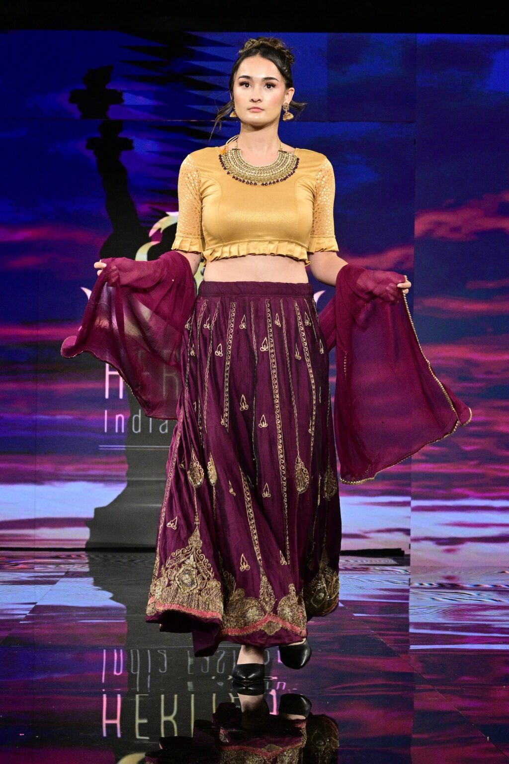 NEW YORK, NEW YORK - SEPTEMBER 11: A model walks the runway for International Heritage Fashion Week, featuring Heritage India Fashions by Prashant Goyal at The Angel Orensanz Foundation on September 11, 2025 in New York City. (Photo by Eugene Gologursky/Getty Images for Art Hearts Fashion)