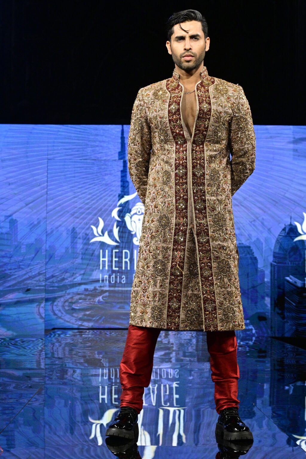 NEW YORK, NEW YORK - SEPTEMBER 11: A model walks the runway for International Heritage Fashion Week, featuring Heritage India Fashions by Prashant Goyal at The Angel Orensanz Foundation on September 11, 2025 in New York City. (Photo by Eugene Gologursky/Getty Images for Art Hearts Fashion)