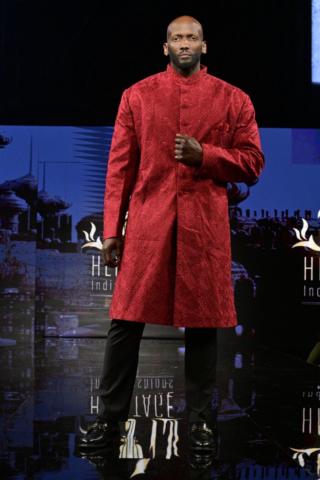 NEW YORK, NEW YORK - SEPTEMBER 11: A model walks the runway for International Heritage Fashion Week, featuring Heritage India Fashions by Prashant Goyal at The Angel Orensanz Foundation on September 11, 2025 in New York City. (Photo by Eugene Gologursky/Getty Images for Art Hearts Fashion)