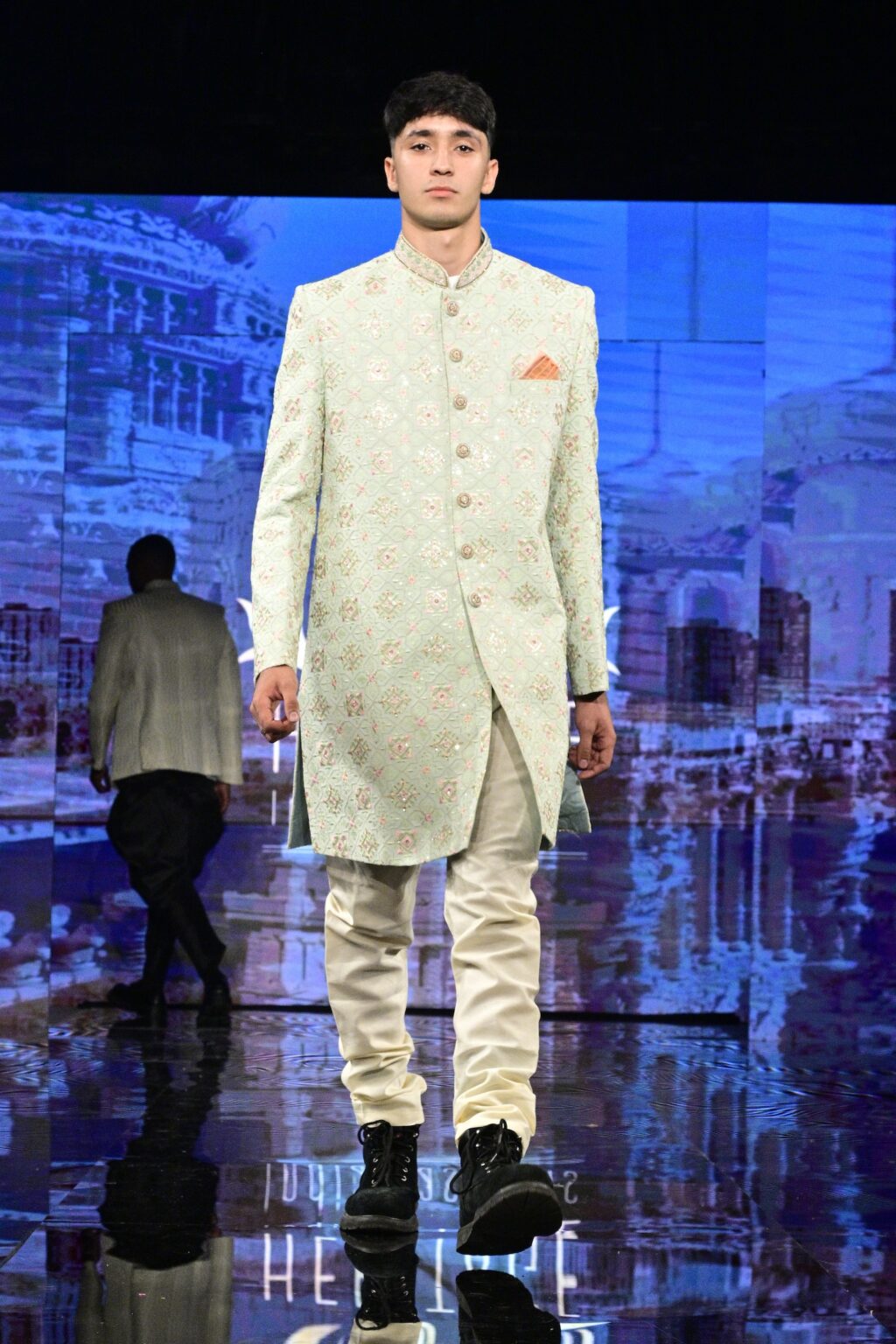 NEW YORK, NEW YORK - SEPTEMBER 11: A model walks the runway for International Heritage Fashion Week, featuring Heritage India Fashions by Prashant Goyal at The Angel Orensanz Foundation on September 11, 2025 in New York City. (Photo by Eugene Gologursky/Getty Images for Art Hearts Fashion)